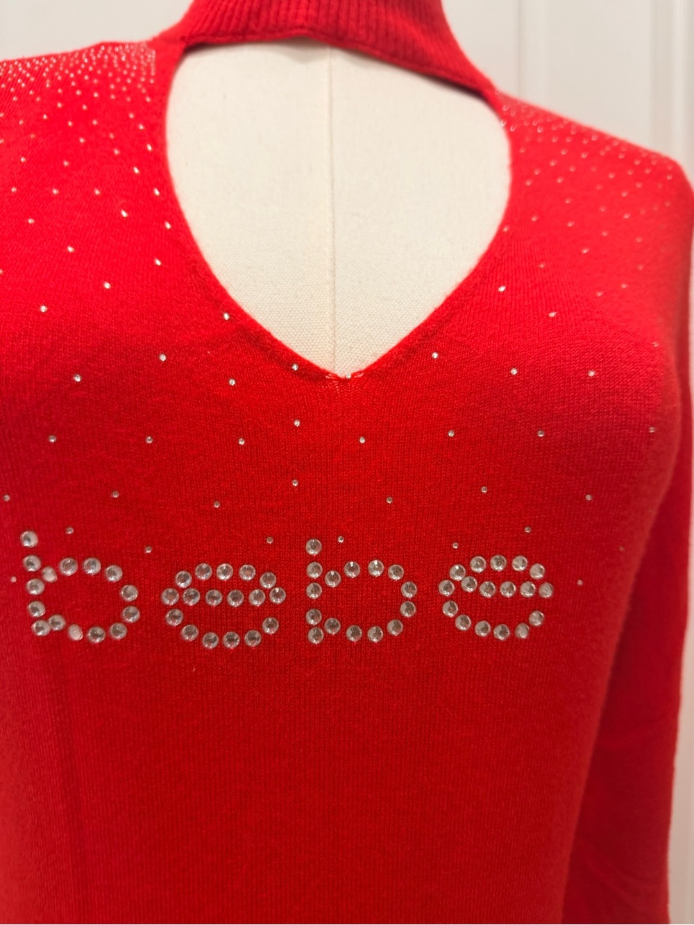 bebe Red Rhinestone Logo Cutout Long Sleeve Dress - Picture 3 of 6
